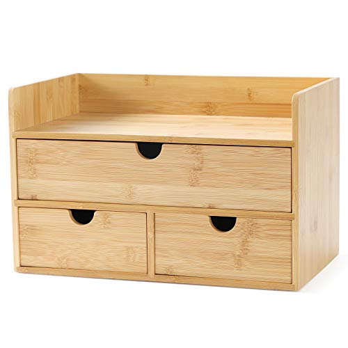 Bamboo Desk Drawer Organizer, Desktop Organizer with Drawers(2 Drawers) - 1 with shelf-3 Drawers