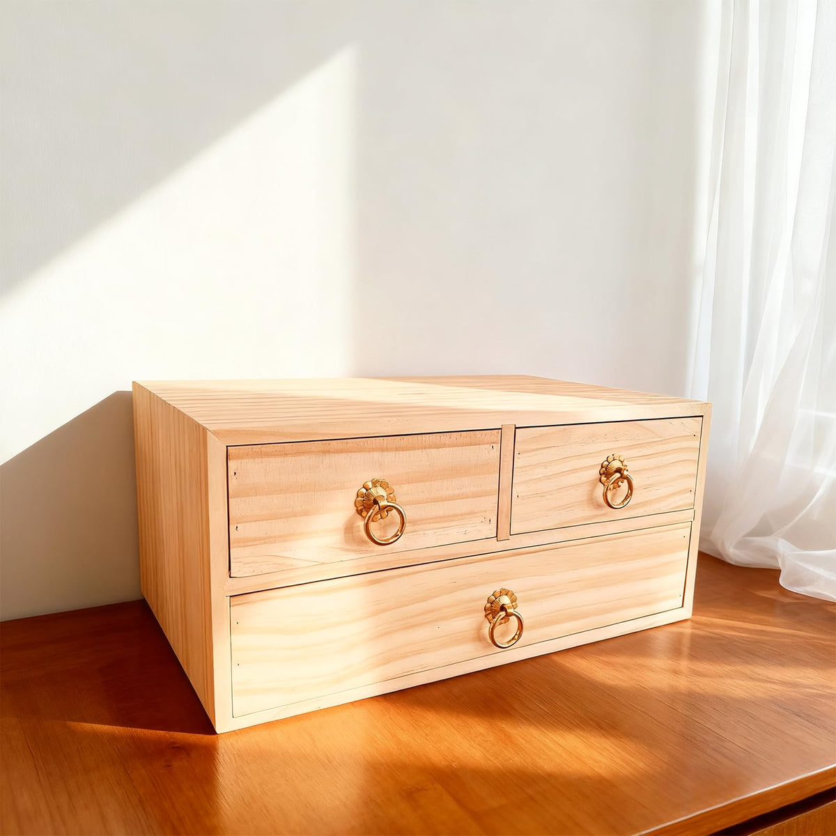 2 Layer Desk Organizer Natural Wooden Storage Box Counter Drawer