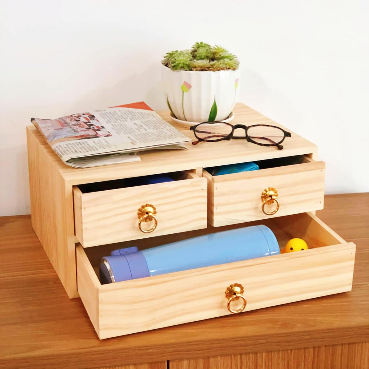 2 Layer Desk Organizer Natural Wooden Storage Box Counter Drawer