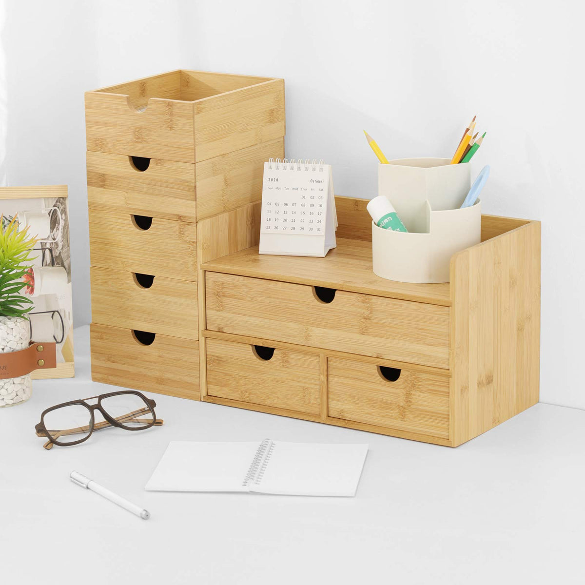 Bamboo Desk Drawer Organizer, Desktop Organizer with Drawers(2 Drawers)