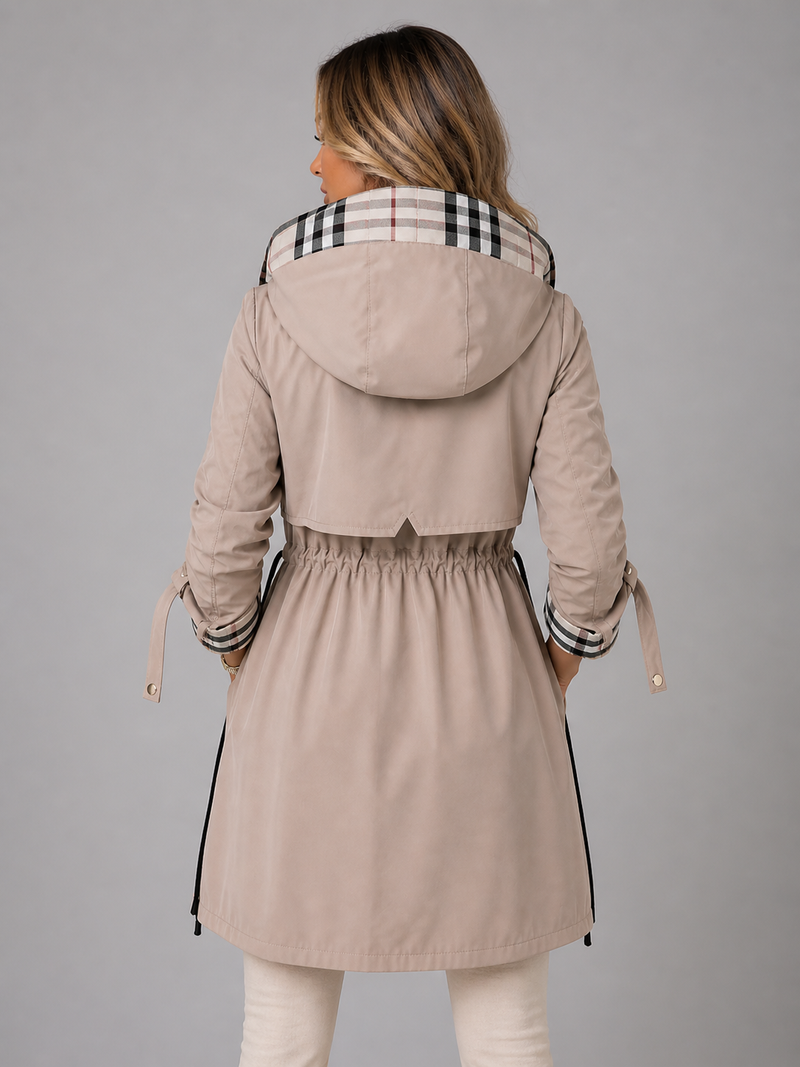 Women’s Hooded Long Jacket – Adjustable Waist Zip Coat