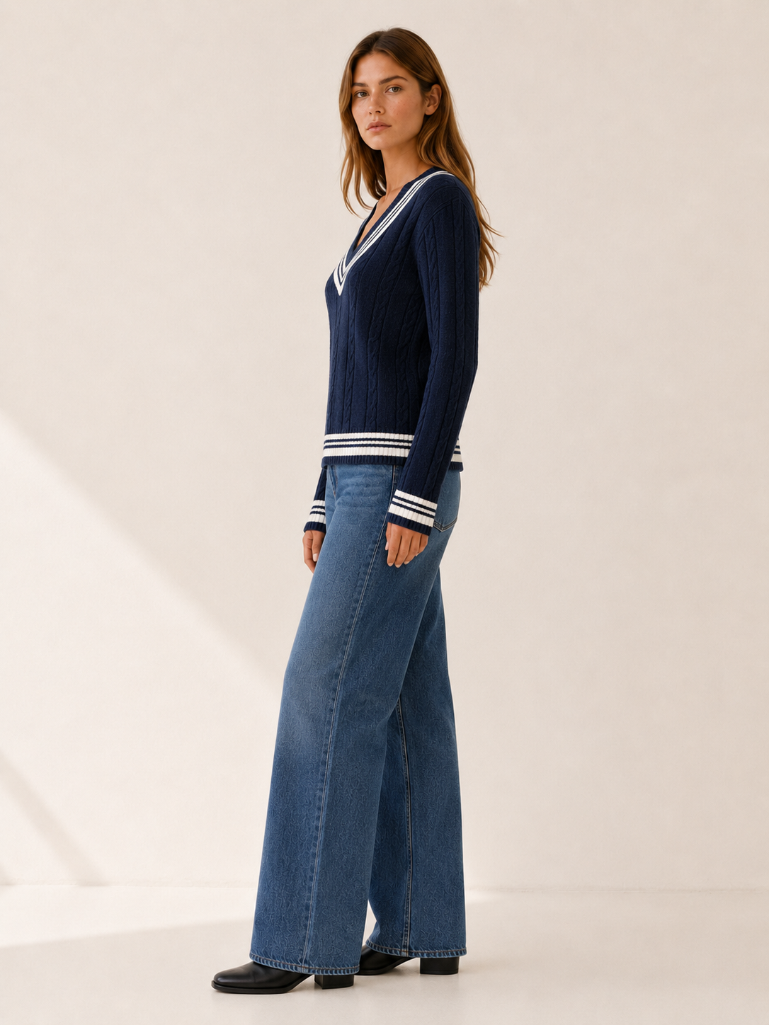 Abria | V Neck Sweater with Contrast Trim and Textured Detail