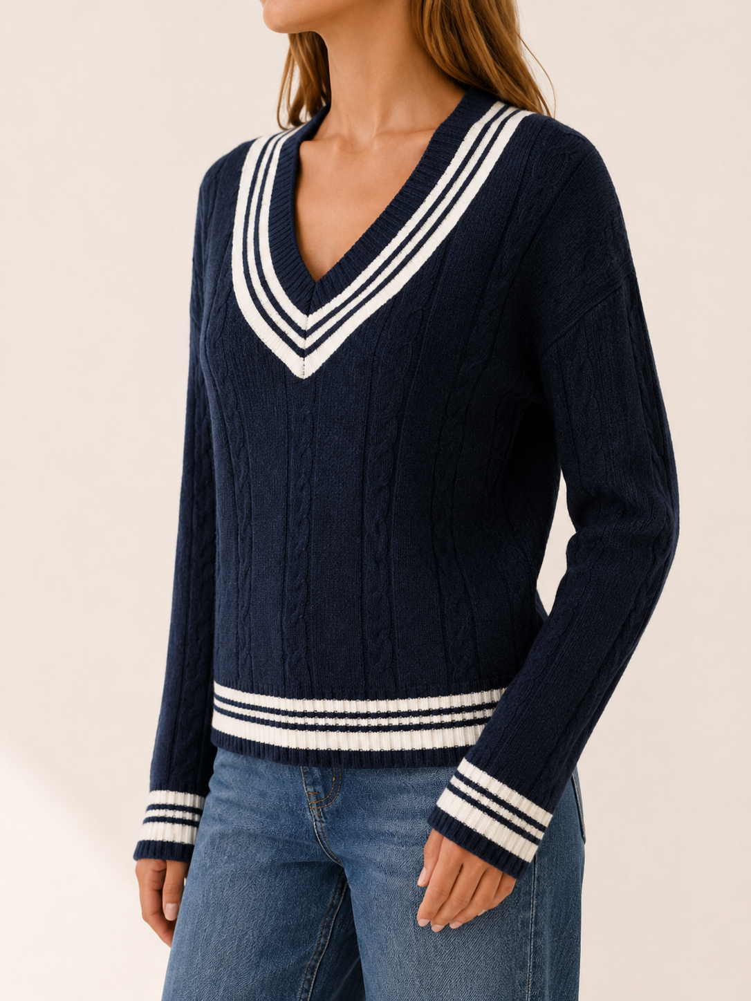 Abria | V Neck Sweater with Contrast Trim and Textured Detail