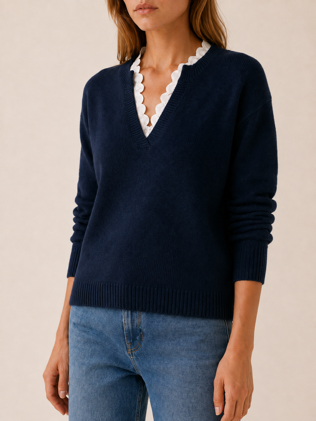 Aderyn | Women's Lace Insert V Neck Jumper