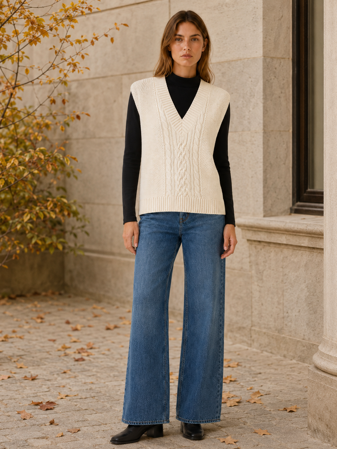 Aldith | Sweater Vest with V-Neck and Raised Braid Detail