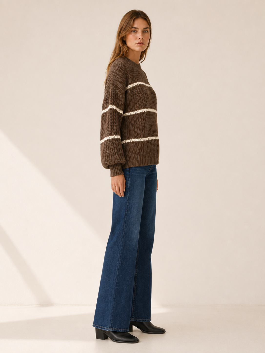 Arelisse | Knit Sweater with Striped Detail and Balloon Sleeves