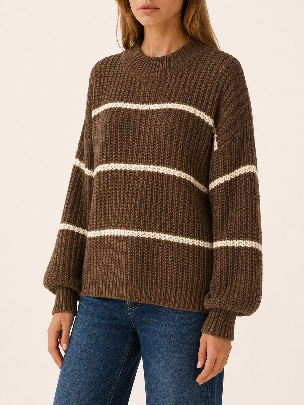 Arelisse | Knit Sweater with Striped Detail and Balloon Sleeves