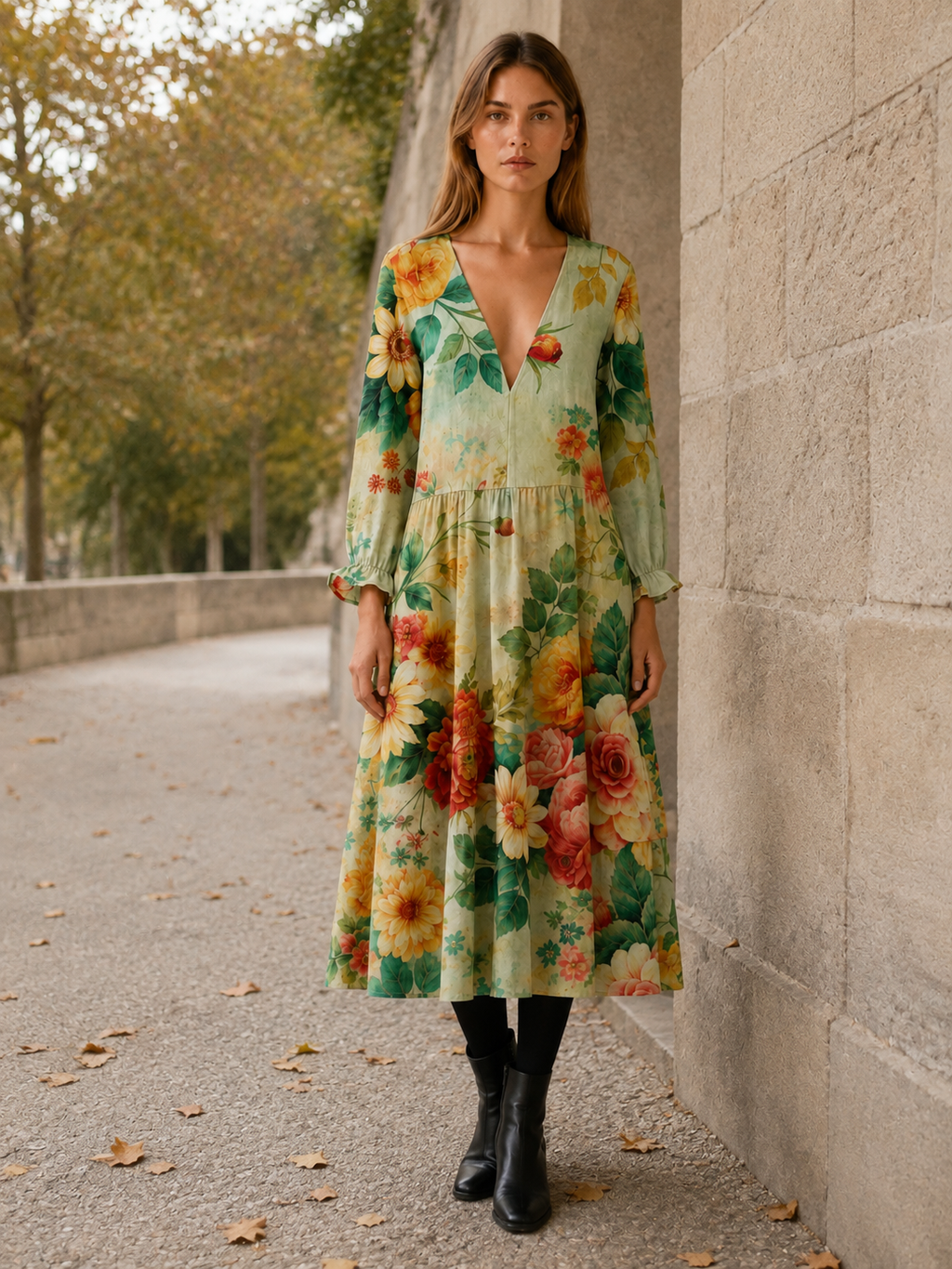 Asterielle | Women's Floral Midi Dress with Tiered Hem