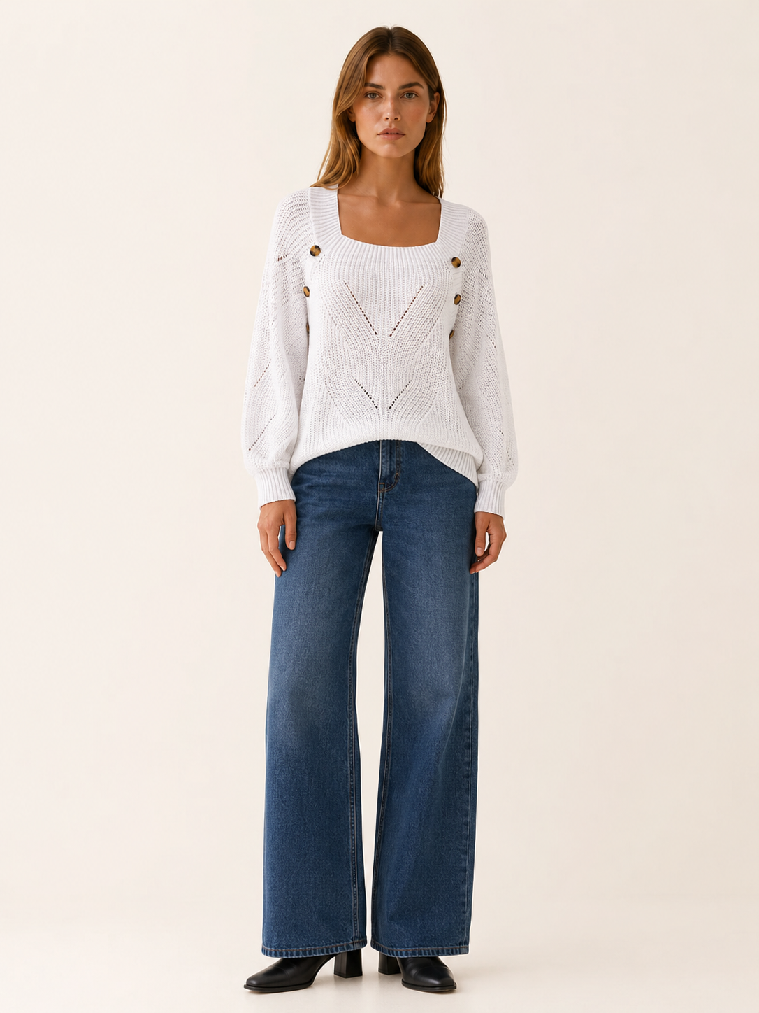 Asterine | Knit Sweater with Square Neck and Button Detail