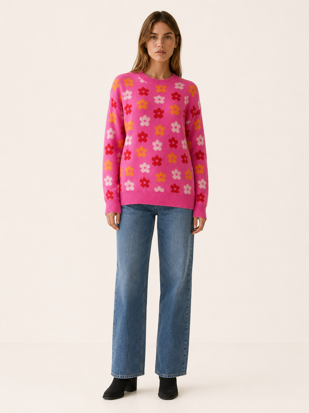Aurembia | Floral Jumper with Crew Neck and Relaxed Fit