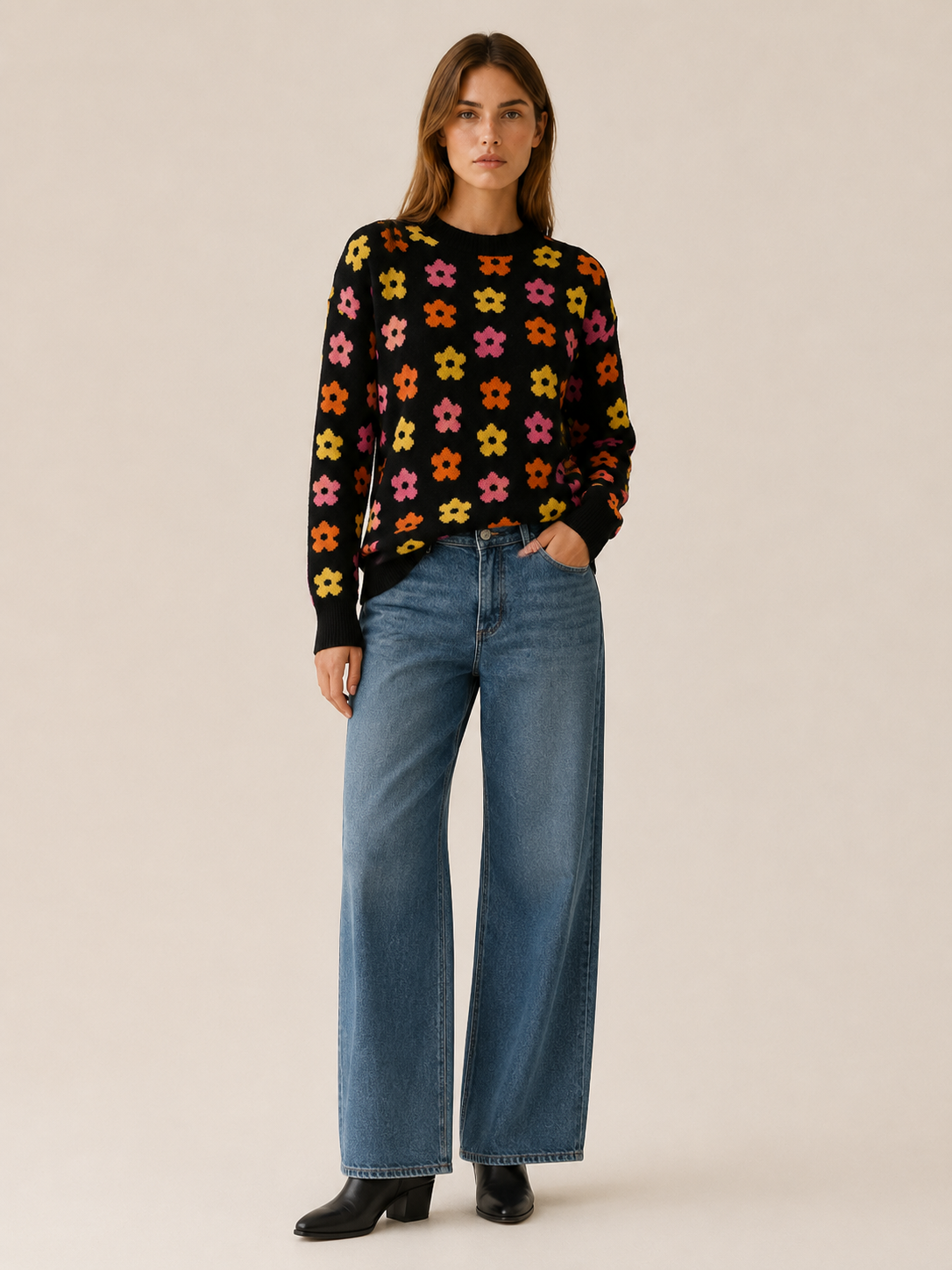 Aurembia | Floral Jumper with Crew Neck and Relaxed Fit