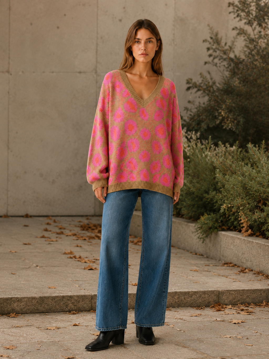 Auvressa | V Neck Sweater with Leopard Print and Oversized Fit