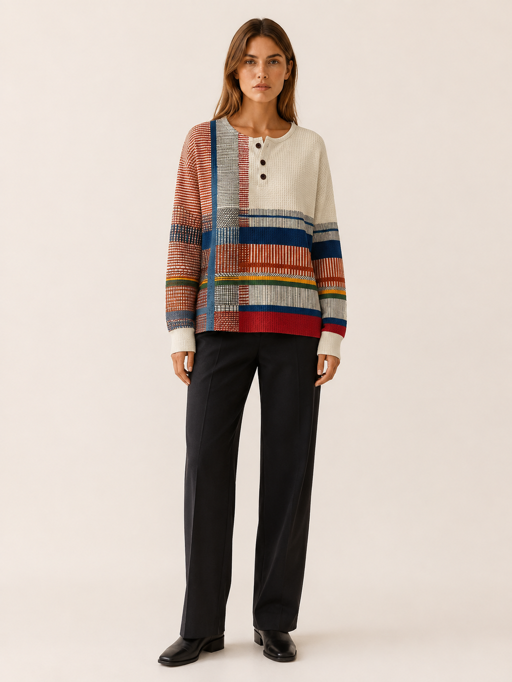 Avenisse | Women's Geometric Button Neck Jumper