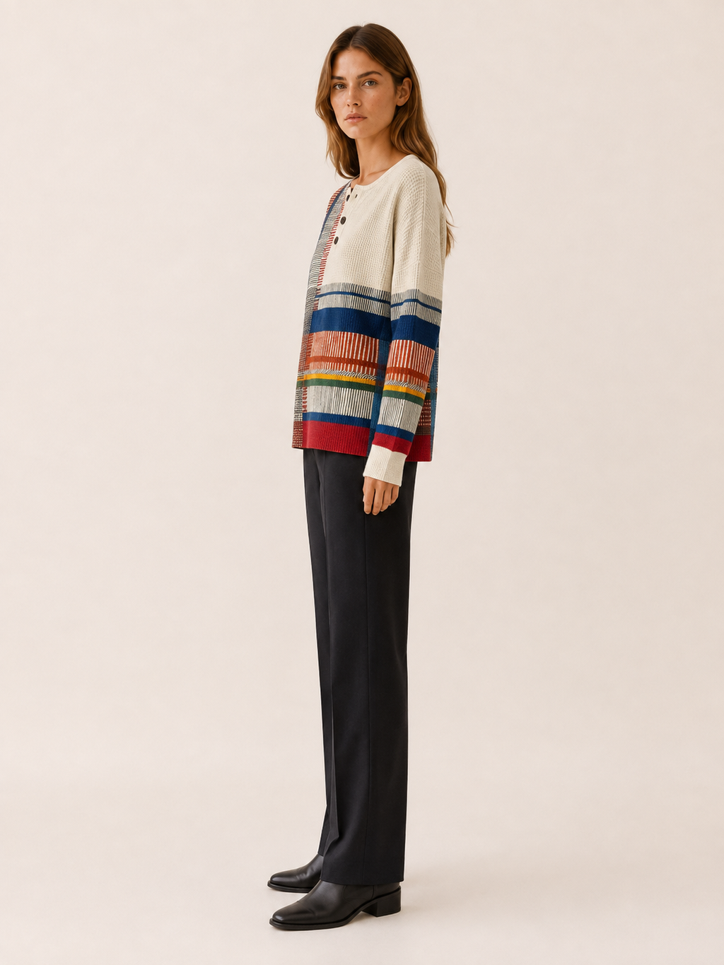 Avenisse | Women's Geometric Button Neck Jumper