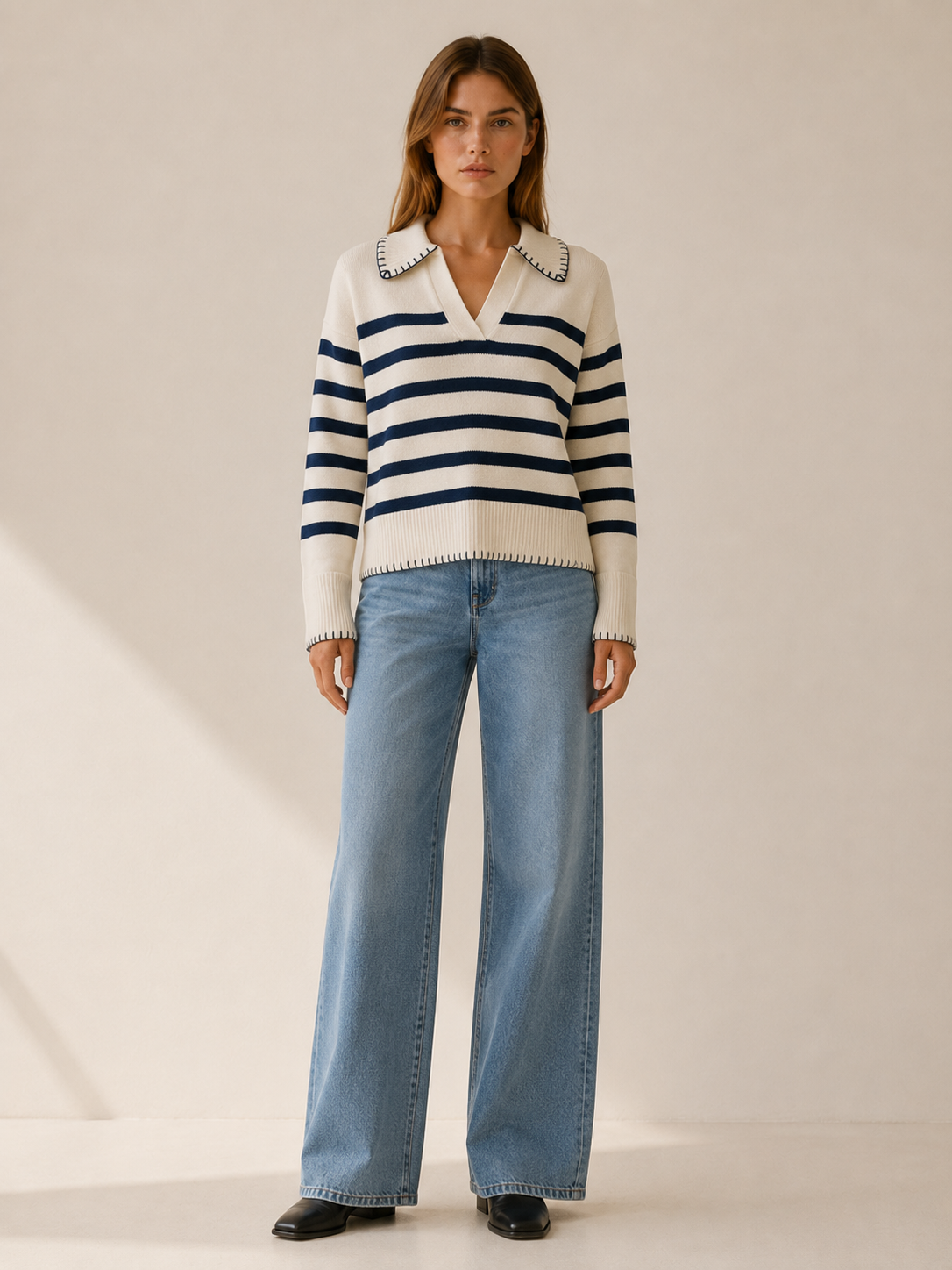 Belvanna | Polo Sweater with Striped Design and Contrast Stitching
