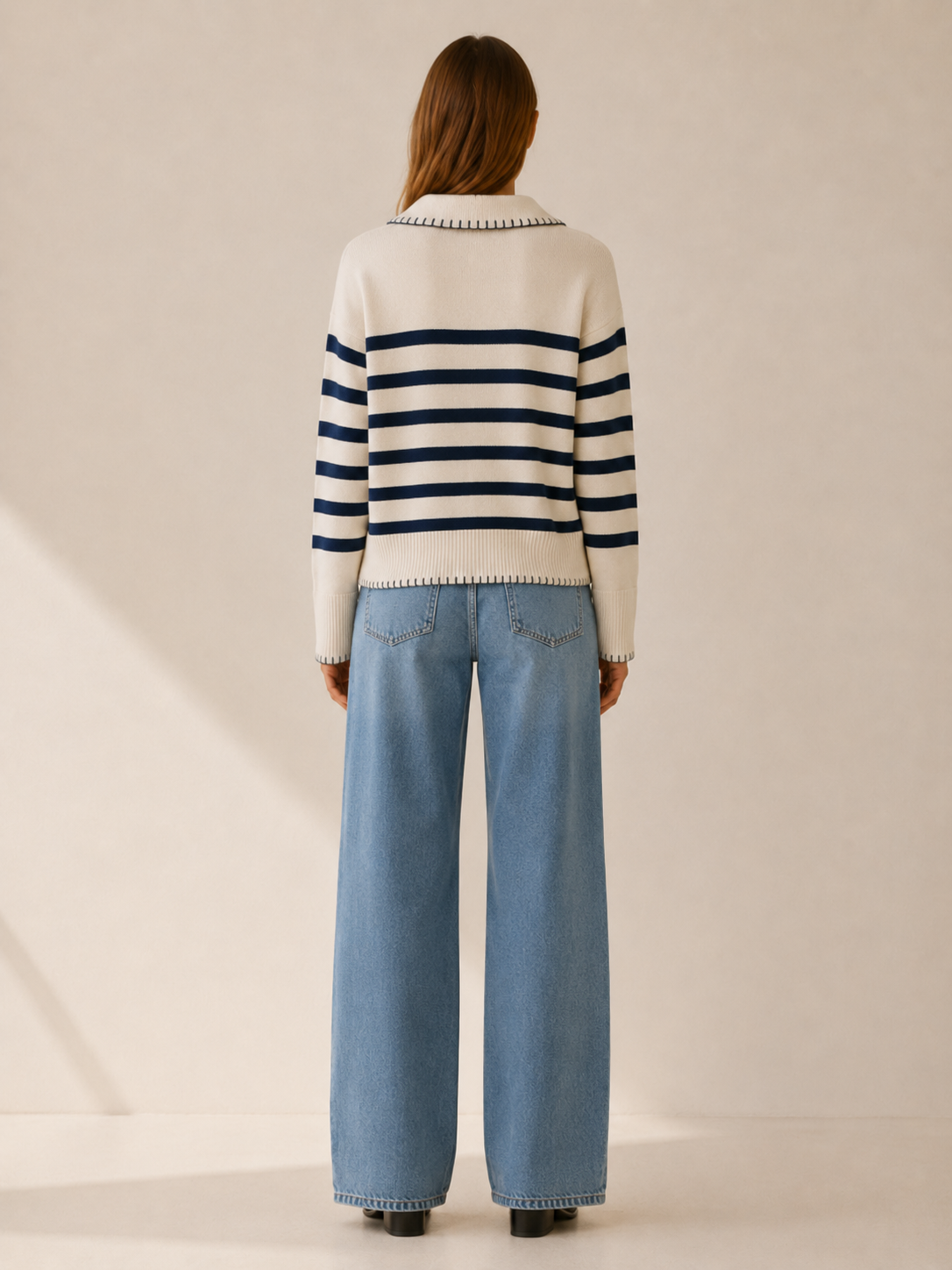 Belvanna | Polo Sweater with Striped Design and Contrast Stitching