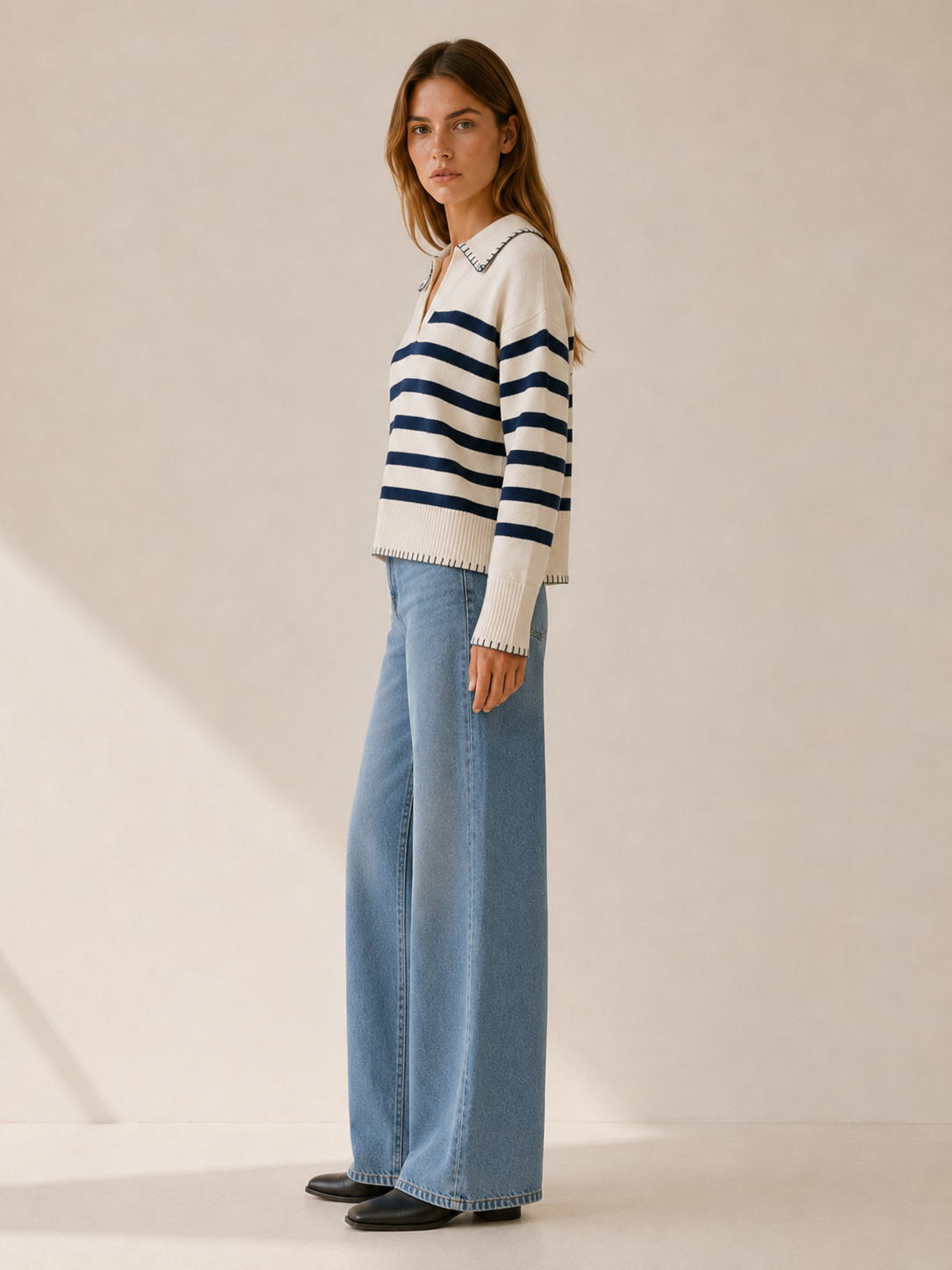 Belvanna | Polo Sweater with Striped Design and Contrast Stitching