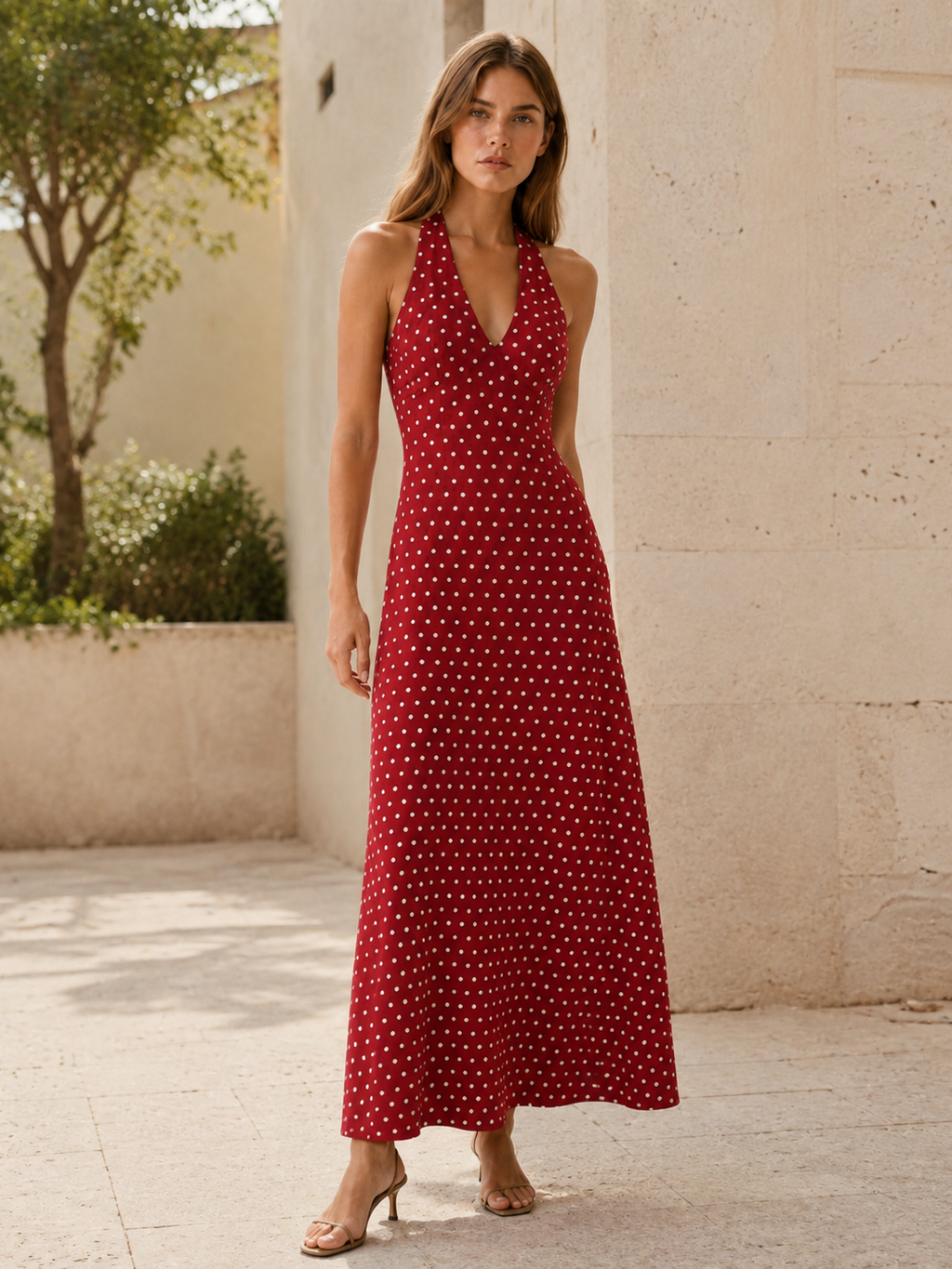Caelora | Halter Maxi Dress with Polka Dot Print
